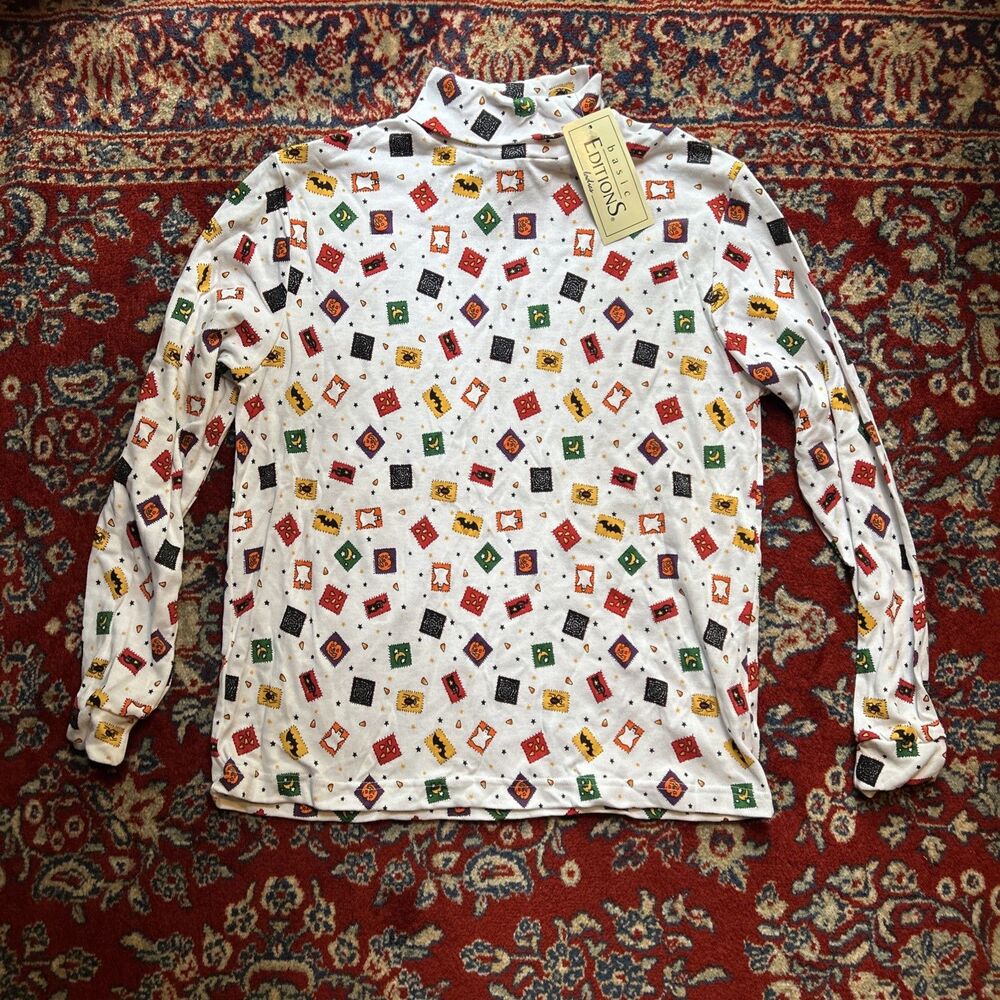 Vintage 90's Basic Editions Halloween Stamps AOP Turtleneck Shirt Deadstock L